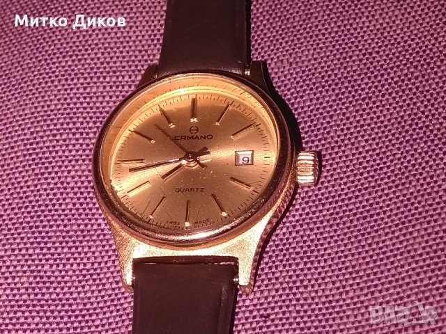 Ermano Swiss made Quartz-швейцарски часовник с датник 10микрона златно покритие кутия, снимка 2 - Дамски - 24444569