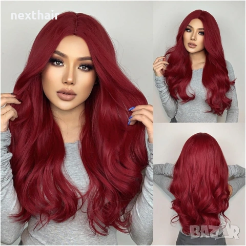 70 см Тъмно червена (бордо) синтетична перука