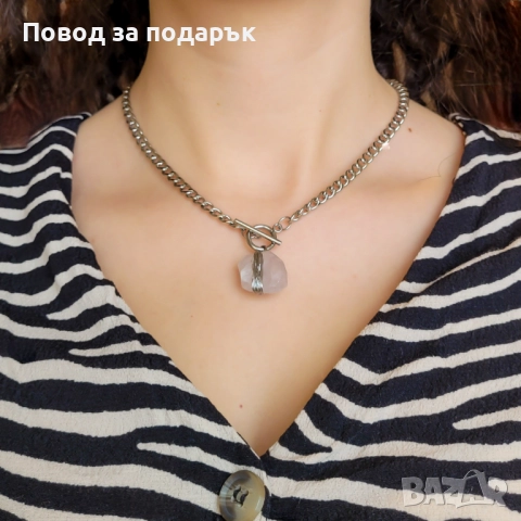 Колие от неръждаема стомана и естествен кварц , снимка 2 - Колиета, медальони, синджири - 52660750