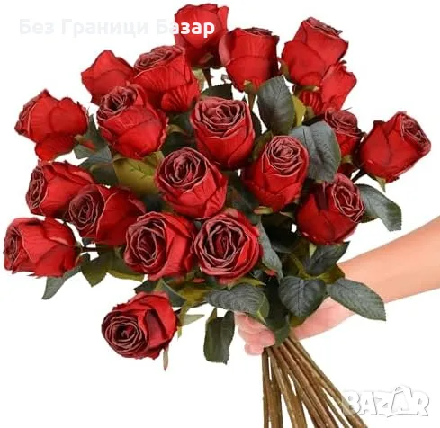 Нови Червени копринени рози 20 броя реалистични цветя 52см за украса, снимка 3 - Други - 48781779