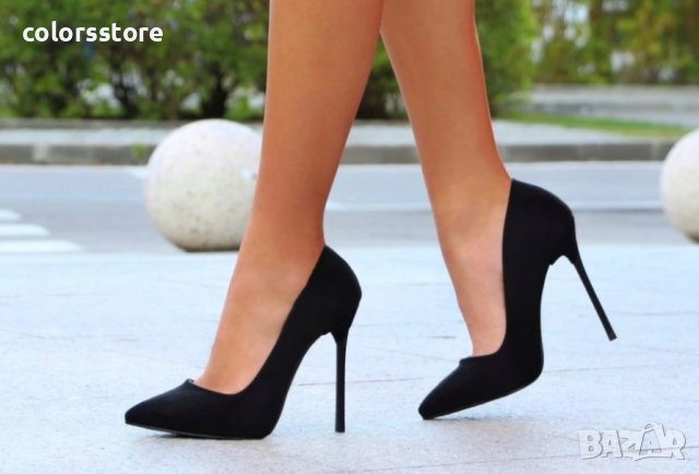 Обувки на ток - черен велур с черен ток - 6060