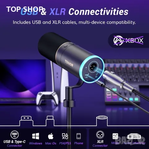 Микрофон за игри TONOR XLR/USB, динамичен микрофон с RGB светлина, снимка 4 - Микрофони - 49965353