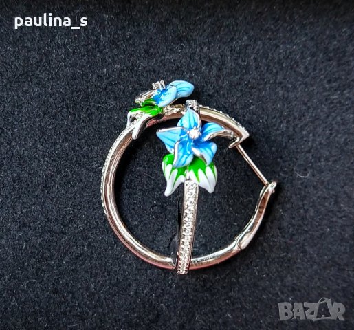 Японски, дизайнерски сребърни обеци с циркони и ръчно рисуван емайл 925 , снимка 7 - Обеци - 29262795