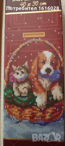 Коледни диамантени гоблени.Коте с куче.Хижа в снега., снимка 3 - Гоблени - 50393202