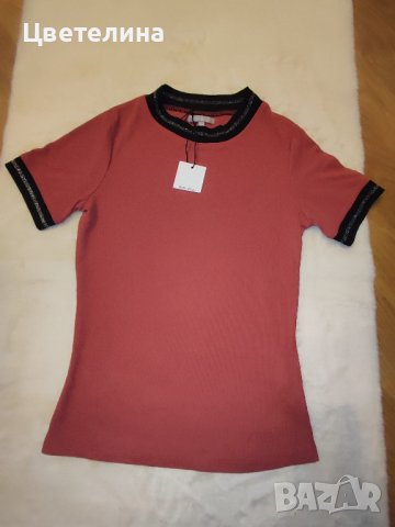 Дамска розова рипсена тениска с декорирана яка от ламе на GATE размер S цена 10 лв. + подарък шал, снимка 2 - Тениски - 42683713