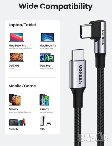 Ъглов кабел UGREEN 100W PD USB-C 2.0 мъжки към ъглов USB Type-C мъжки, снимка 3 - Кабели и адаптери - 47960659