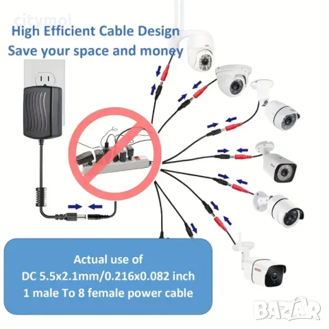 Захранващ сплитер кабел 1 женски към 8 мъжки, 6-24V DC 5.5x2.1, разклонител/умножител за камери, снимка 2 - Други - 49564003