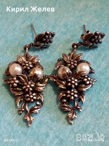 Винтидж сребърни обеци с флорален мотив и инкрустирани перли ювелирна изработка 52447, снимка 10 - Обеци - 52909467