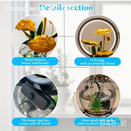 2025 Комплект USB захранван декоративен фонтан с аквариум и LED светление, снимка 8 - Декорация за дома - 51166608