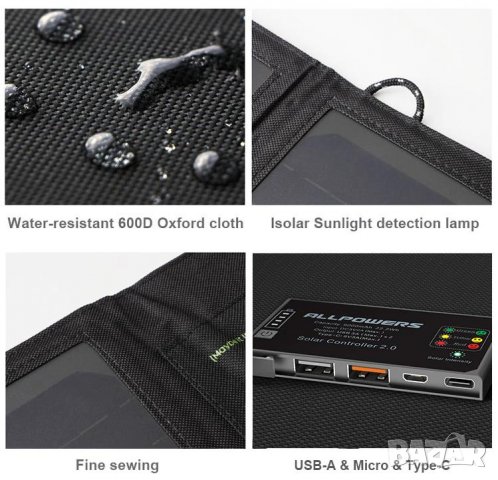 ALLPOWERS™ PD18W 5V3A/9V2A/12V1.5A 21W Сгъваем Соларен Панел SUNPOWER® СлънчевСет 10000mAh3.7-5V37Wh, снимка 4 - Къмпинг осветление - 37247463