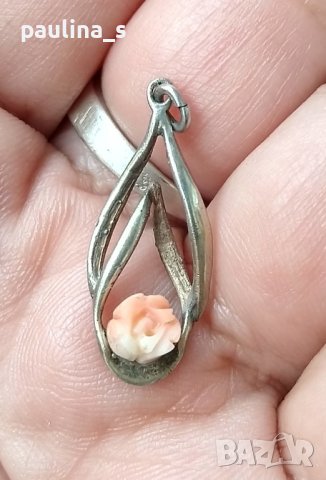 Два броя / Сребърна висулка с розов корал и циркон / проба 925 / , снимка 3 - Колиета, медальони, синджири - 42337886