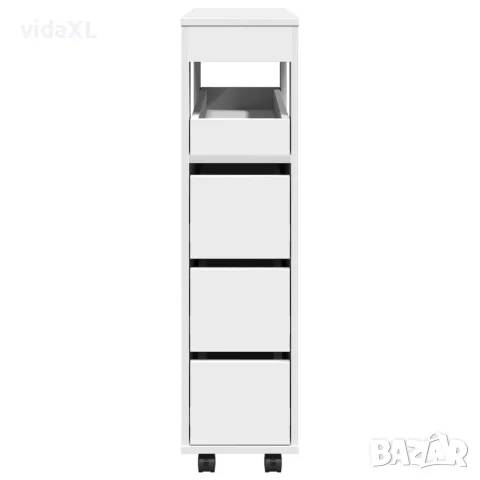 vidaXL Тесен шкаф за баня с колелца, бял, инженерно дърво, снимка 5 - Шкафове - 56148287