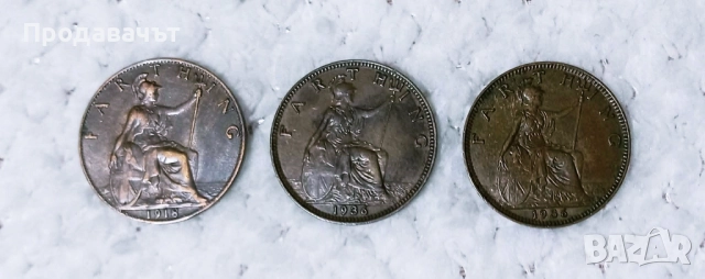 Три броя фартинг на крал Джордж V, 1918-1936 г., снимка 2 - Нумизматика и бонистика - 52958592