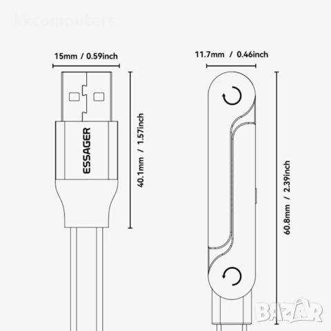 ESSAGER USB-A към Type-C L-Shape Кабел за Данни и зареждане 7A 100W с Поставка за Игри 1 м, снимка 8 - Оригинални зарядни - 54087752