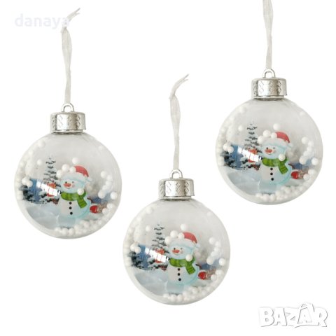 4257 Прозрачни коледни топки за елха с декорация Снежко, 3 броя