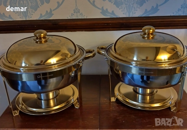Комплект за бюфет WARMOUNTS 6L Gold Chafing Dish, 2 броя, кръгли затоплящи чинии с капак, снимка 10 - Сервизи - 54327891