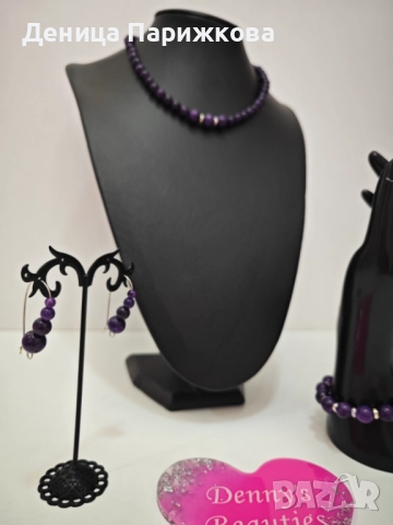 Ръчно изработен комплект бижута с лилав кварц – гривна, колие и обеци, снимка 4 - Бижутерийни комплекти - 52775161