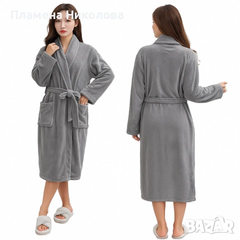 Дамски хотелски халат, класически, удобен, топъл, с връзки, мек, сив, снимка 4 - Хавлиени кърпи - 53253717