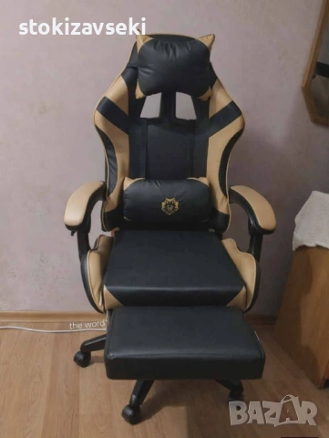 Геймърски стол с масажна функция, лумбална възглавница и поставка за крака – Черен-златист