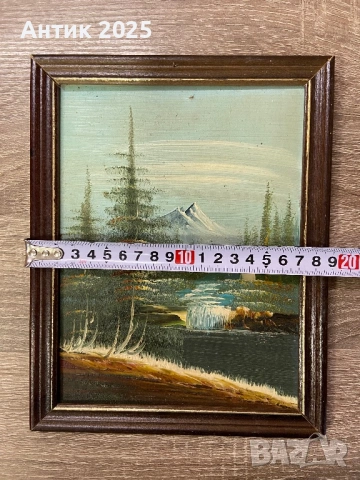 Винтидж пейзаж с водопад и планинска къща, маслена живопис върху панел, с рамка, снимка 3 - Антикварни и старинни предмети - 53186277