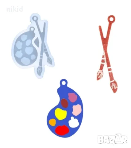 мини палитра с четки силиконов молд форма фондан училище смола бижу висулка обеци колие, снимка 2 - Форми - 47536076