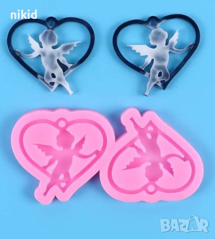 Ангел ангели в сърце висулки силиконов молд форма за обеци колие бижу декор фондан смола висулка