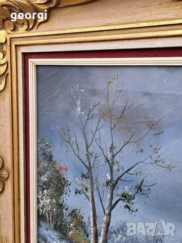 авторска картина зимен пейзаж маслени бои върху платно с красива дървена рамка , снимка 6 - Картини - 54087882