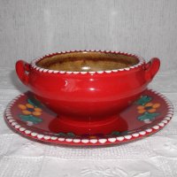 Купа за супа с чиния/подложка Gmundner Keramik made in Austria глазирана керамика, ръчно рисувана, снимка 3 - Чинии - 44313259