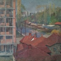 Картина, градски пейзаж, худ. Жечо Дунев (1926-1975), снимка 1 - Картини - 42261319