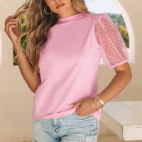 Дамска памучна блуза в розово с ръкави от тюл на точки, снимка 12 - Тениски - 42775062