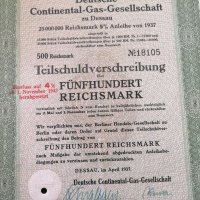 Райх облигация 500 марки | Немска Континентална Газова Компания | 1937г., снимка 3 - Други ценни предмети - 29139126