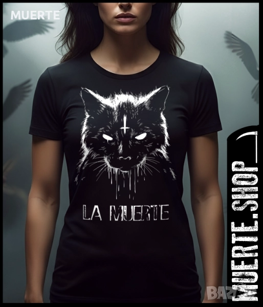 Черна тениска с щампа LA MUERTE 666 CAT, снимка 1