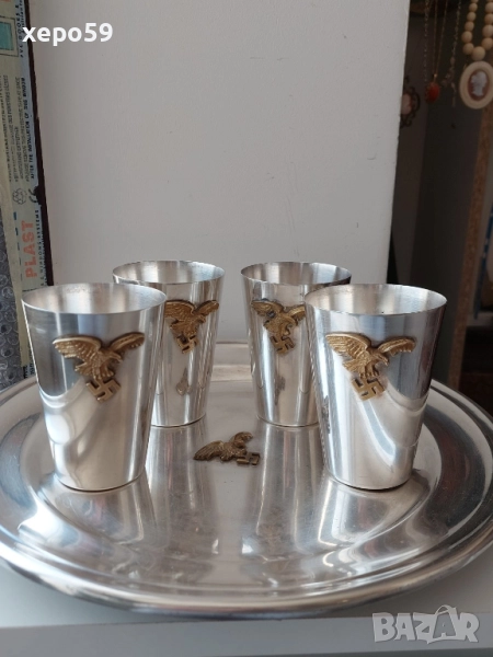 WW2-Немски посребрен сервиз подарен на летец офицер чаши,плато.сребро, снимка 1