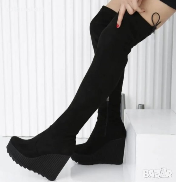 Ботуши на платформа - черен велур - 1906, снимка 1