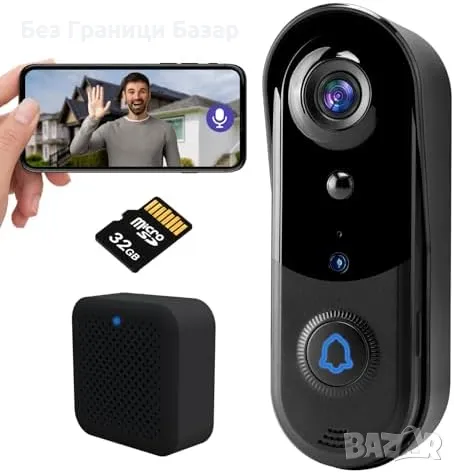 Нов Безжичен видео звънец камера с нощно виждане, 32GB SD, AI детекция, снимка 1