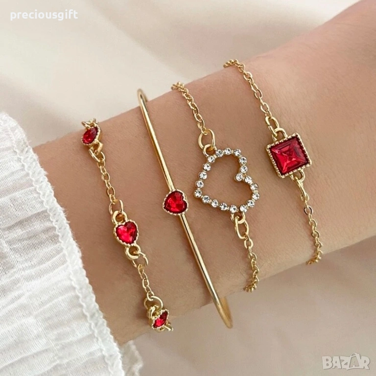 Комплект бижута - 5 броя гривни, налични в червен и син цвят, снимка 1