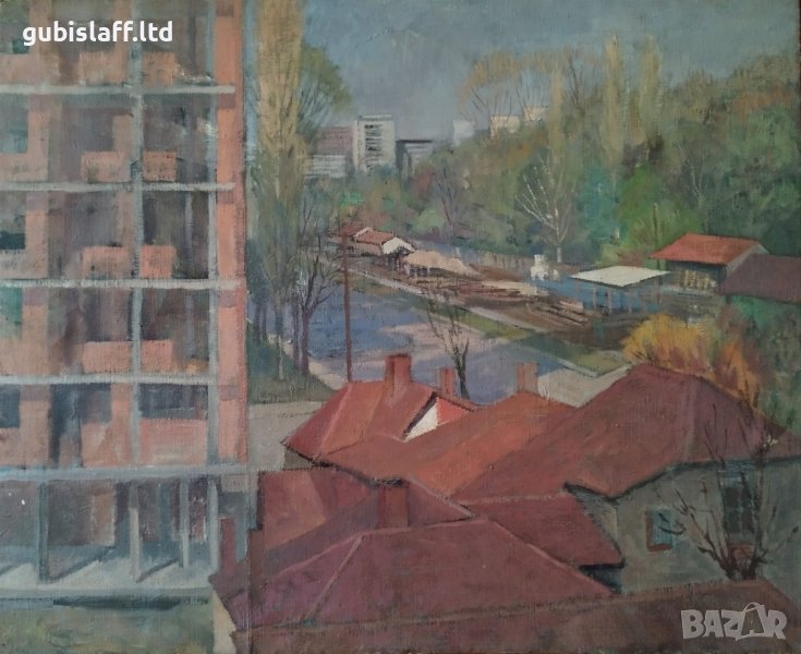 Картина, градски пейзаж, худ. Жечо Дунев (1926-1975), снимка 1