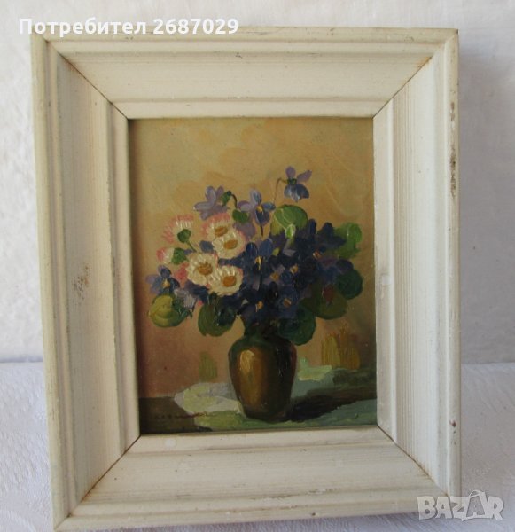 Красива картина с цветя, стара с дървена рамка, снимка 1