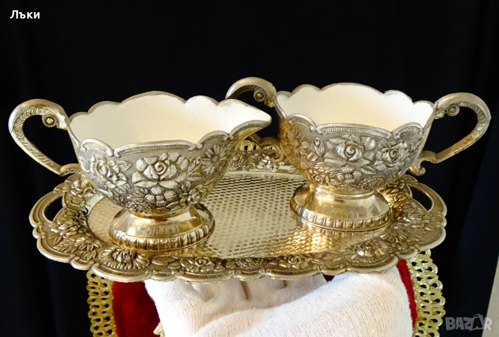 Посребрена каничка,захарница и поднос,рози,барок. , снимка 1