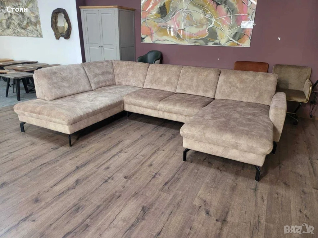 ПРОМОЦИЯ!!! Светло кафяв/бежов П-образен ъглов диван от плат LS701521, снимка 1