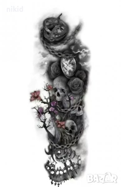 Ръкав часовник рози черепи вериги временна татуировка татос татус Tattoo, снимка 1
