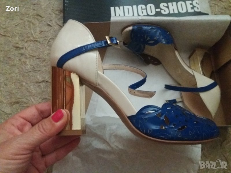 Обувки в бежово-кралскосиньо и златист широк ток - 36 номер , снимка 1