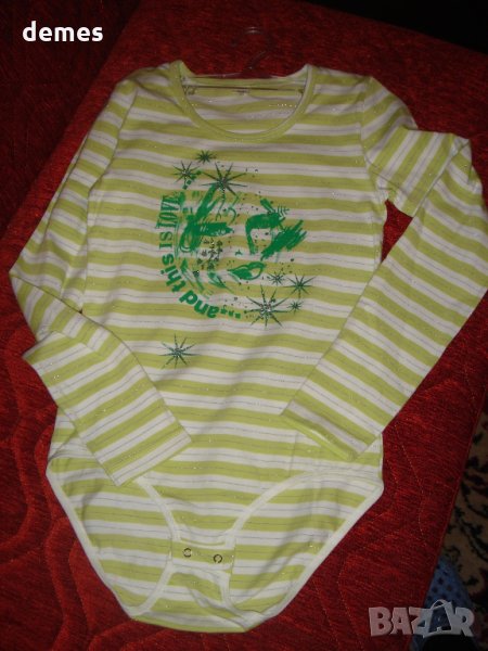  Боди за момиче зелено и бяло райе с дълъг ръкав размер 152, снимка 1