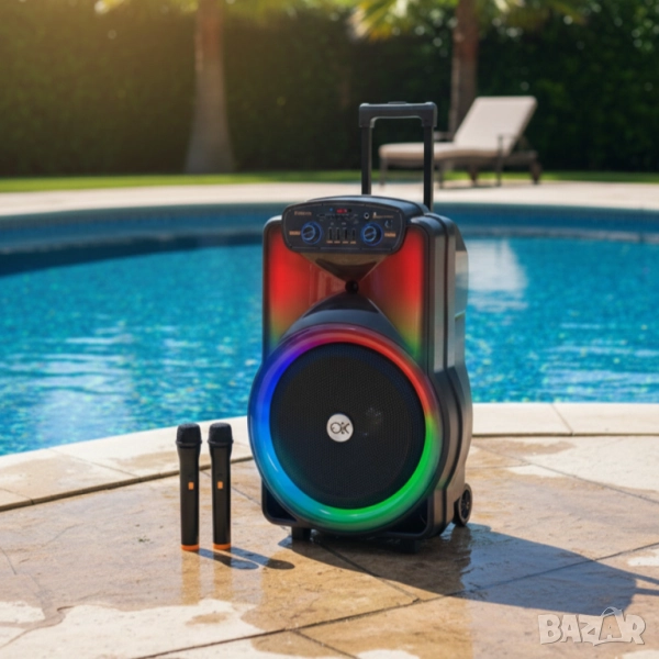 Караоке тонколона 12" BT-1218 с Bluetooth, цветомузика и 2 безжични микрофона – 2000W мощност за ист, снимка 1