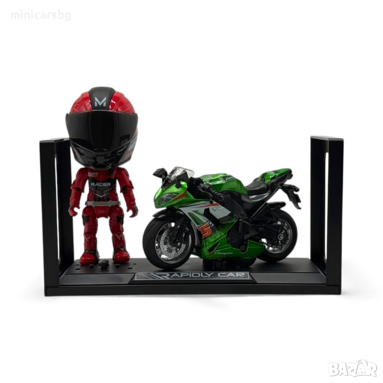 Метални модели спортен мотор 1:14 със стойка и моторист – с кутия, снимка 1