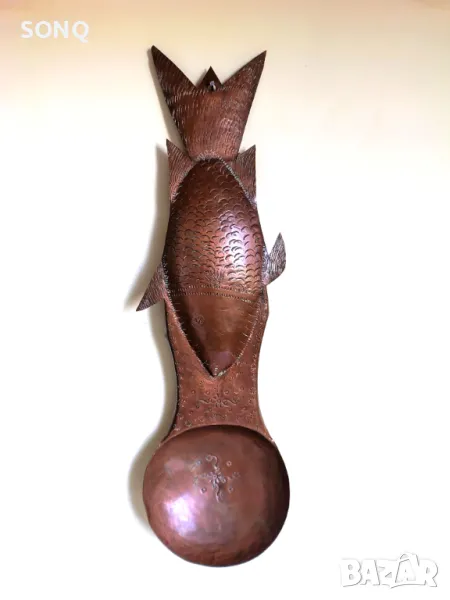 Интересна Стара Медна Лъжица-Риба, снимка 1