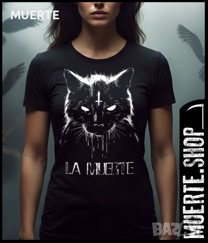 Черна тениска с щампа LA MUERTE 666 CAT