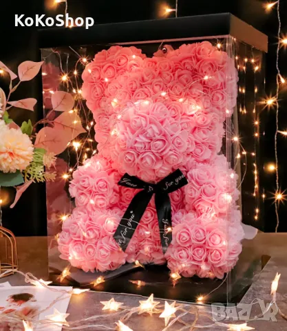Мече от рози с LED светлини-40 см./червено мече от рози, снимка 2 - Декорация за дома - 49464500