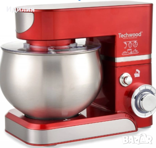 Планетарен миксер с купа от инокс Techwood TRO-1055, 1000W, 5л., 3бъркалки, 6степени + Pulse, Червен
