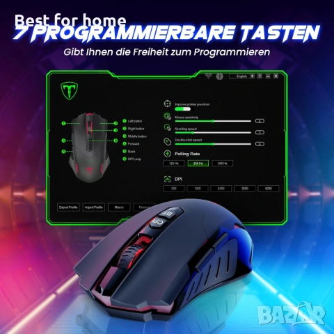 Безжична геймърска мишка RisoPhy PC400 с 8000 DPI, 2.4G и Bluetooth двойна връзка, снимка 7 - Клавиатури и мишки - 54069921